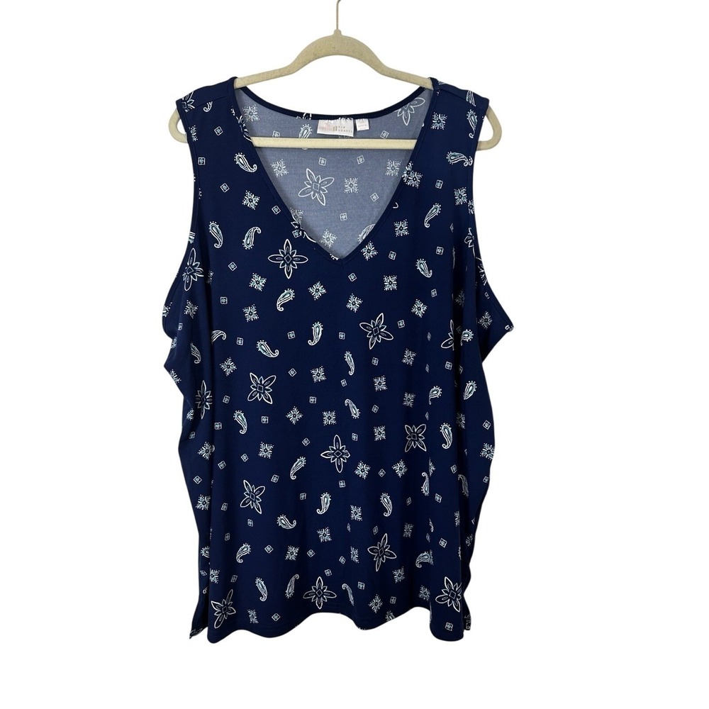 Belle By Kim Gravel Top Womens 3X Floral Paisley Blue Sleeveless Blouse Stretch